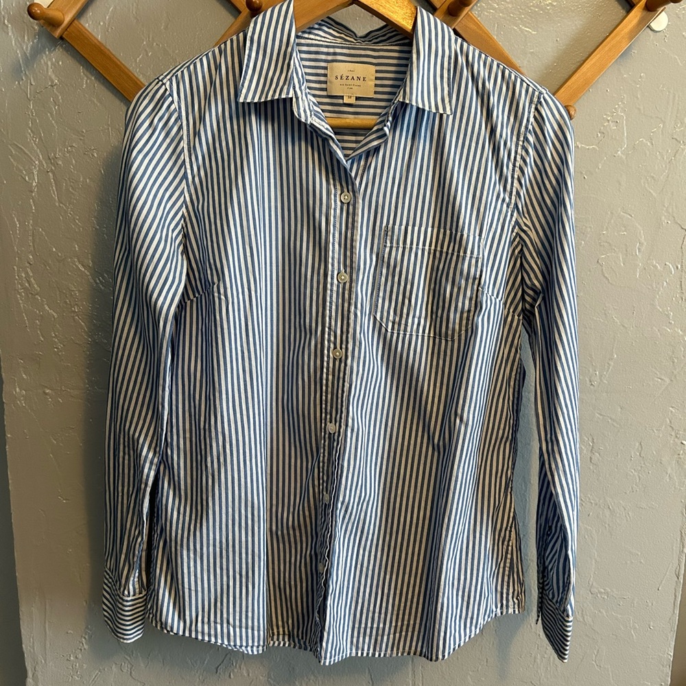 Sezane blue and white striped button down blouse - Picture 2 of 8